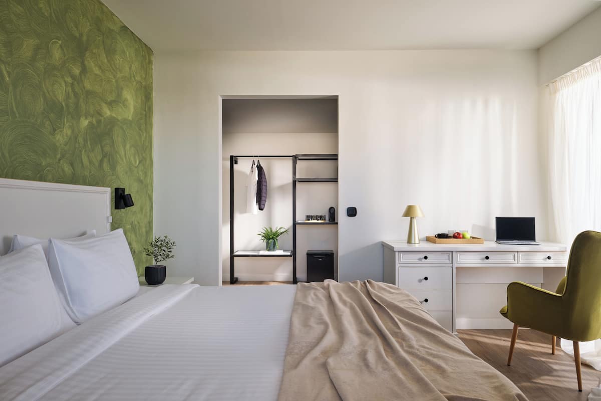 A hotel room with a bed, a desk, a chair, a wardrobe, and a small plant.