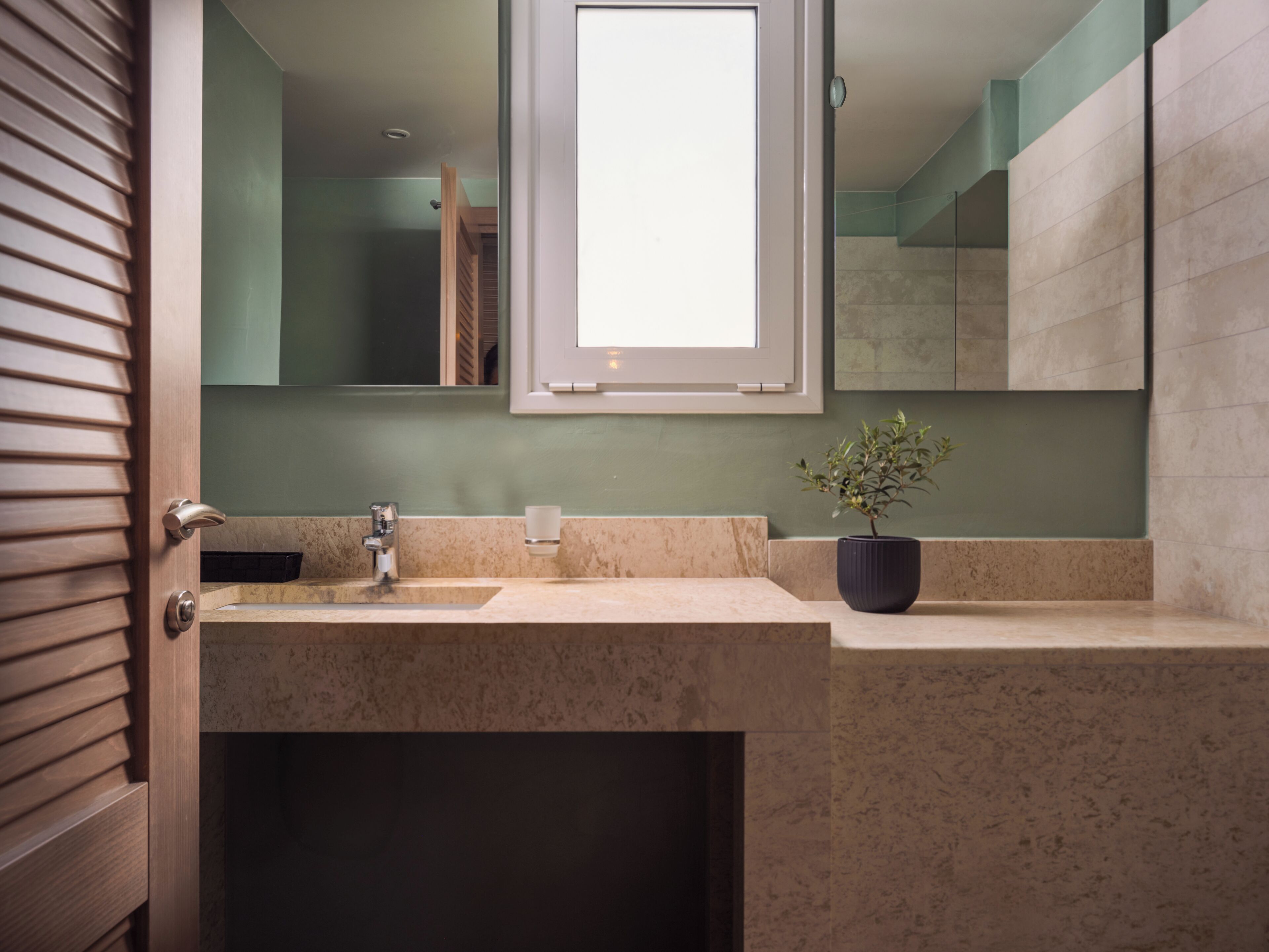 Un baño con lavabo, espejo y planta en maceta.