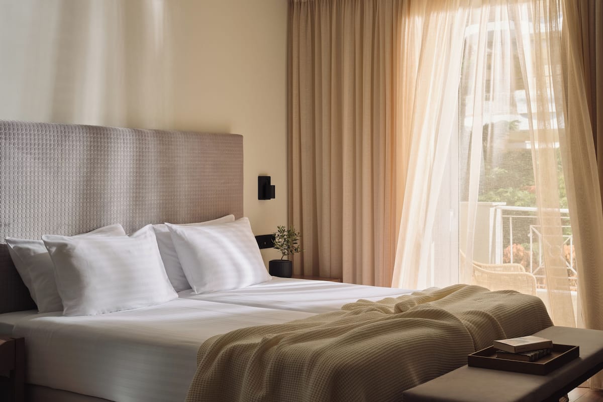 A hotel room with a large bed, a bedside table, a small potted plant, and a window with sheer curtains.