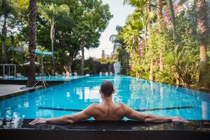 Outdoor pool, open 9 AM to 7:00 PM, pool umbrellas, sun loungers