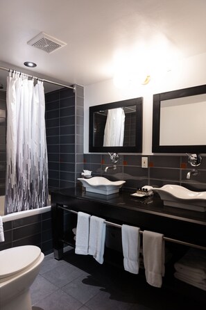 Designer toiletries, hair dryer, towels, soap