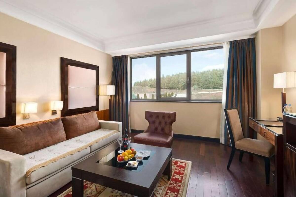 A hotel room with a sofa, armchair, dining table, and a large window with a view of trees.