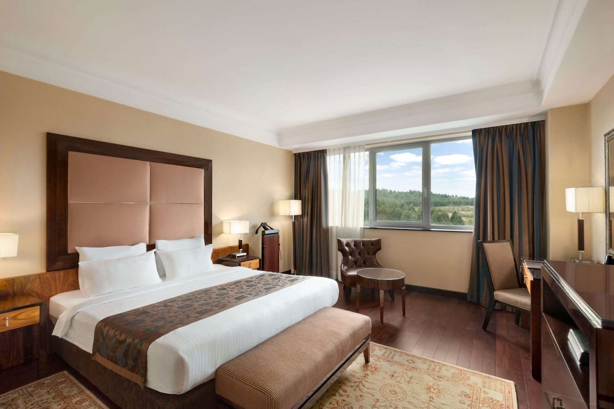 A hotel room with a large bed, a desk, a chair, a small table, and a view of the outdoors.