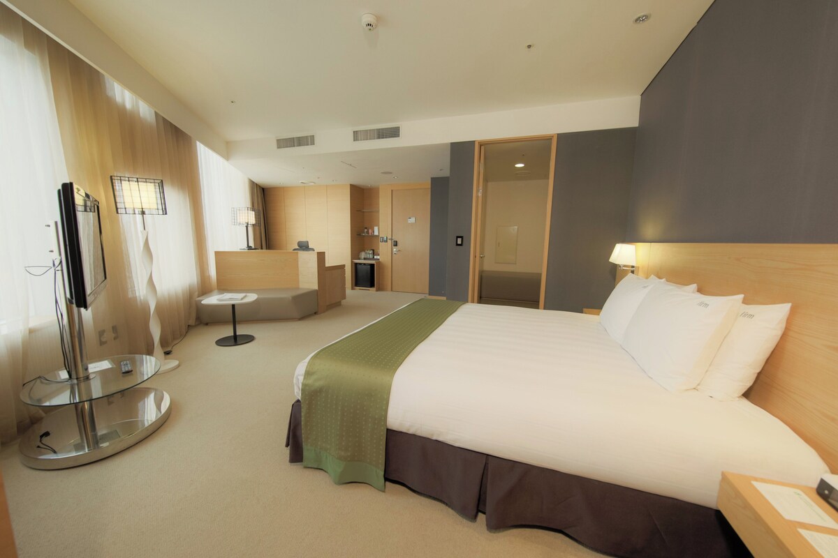 Una habitación de hotel con cama, televisor, escritorio y silla.