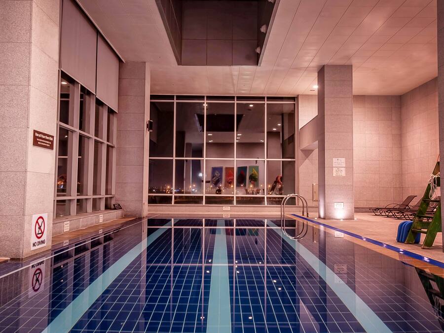 Indoor pool, open 9:00 AM to 6:00 PM, sun loungers