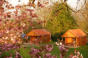 A rustic cabin with a wooden exterior, a visible porch, and a well-maintained lawn. - B&B en camping Welgelegen (Workum)