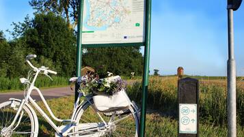 Una bicicletta con un cesto di fiori parcheggiata vicino a un segnale stradale con una mappa e frecce direzionali.