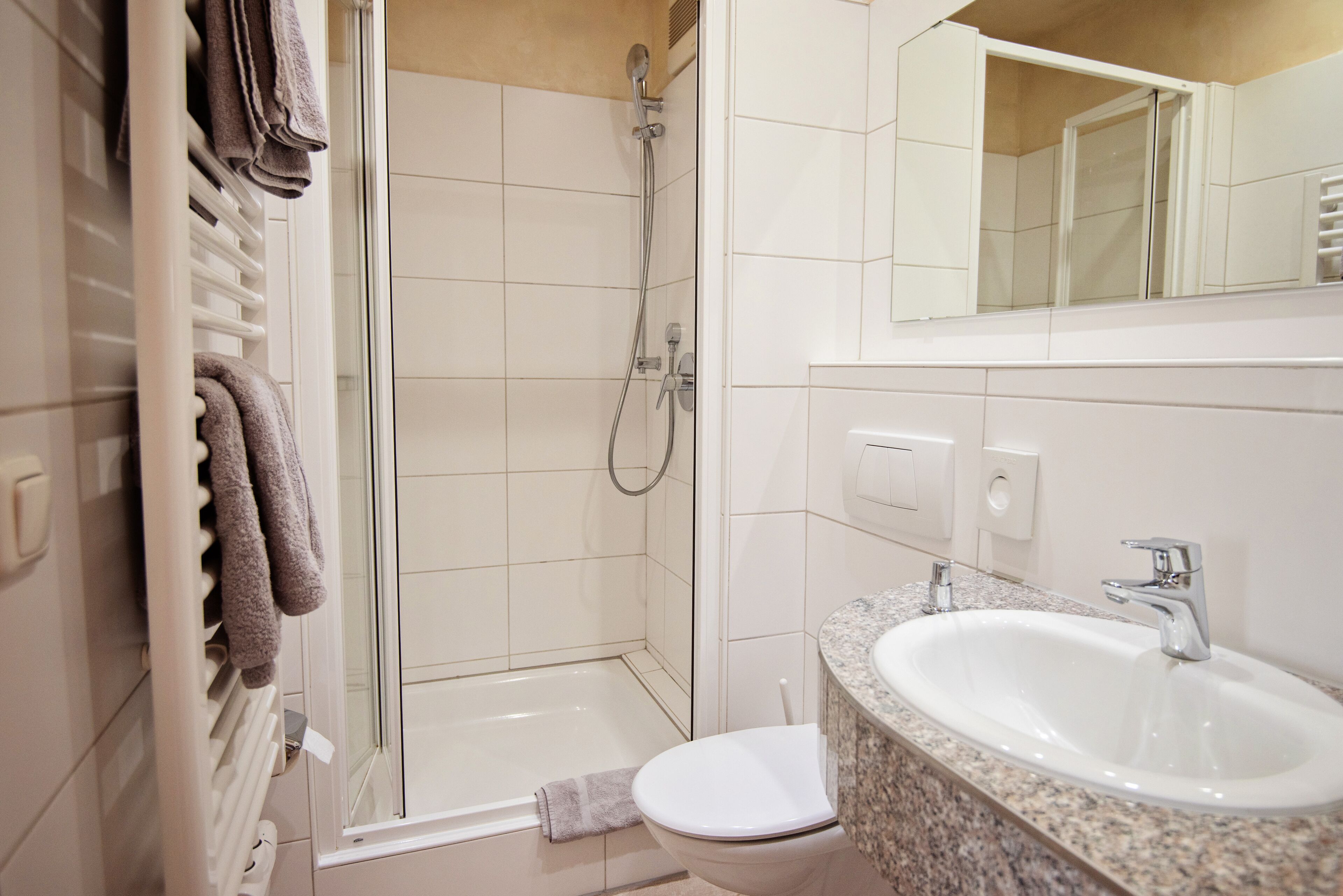 shower, free toiletries, hair dryer, towels