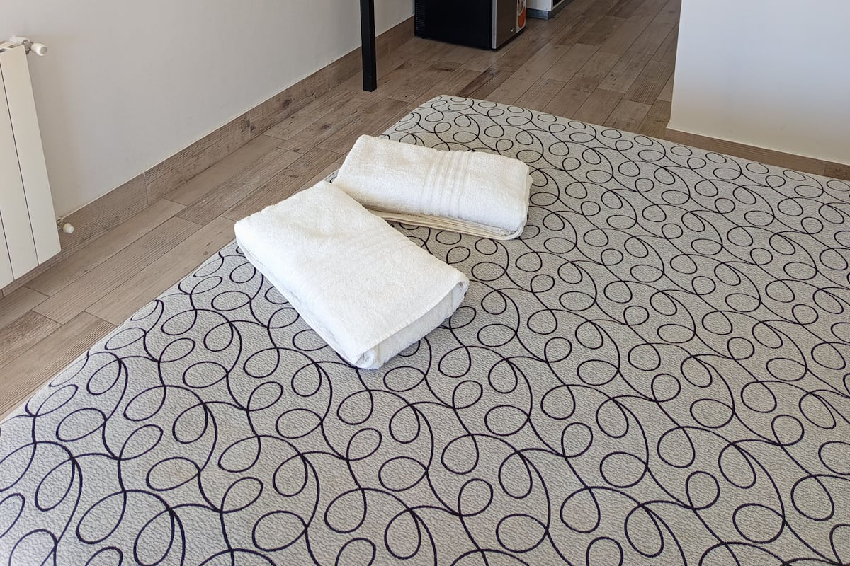 Une chambre d’hôtel avec un plancher en bois, un tapis à motifs, un bureau avec une bouilloire, un petit radiateur et un tableau encadré au mur.