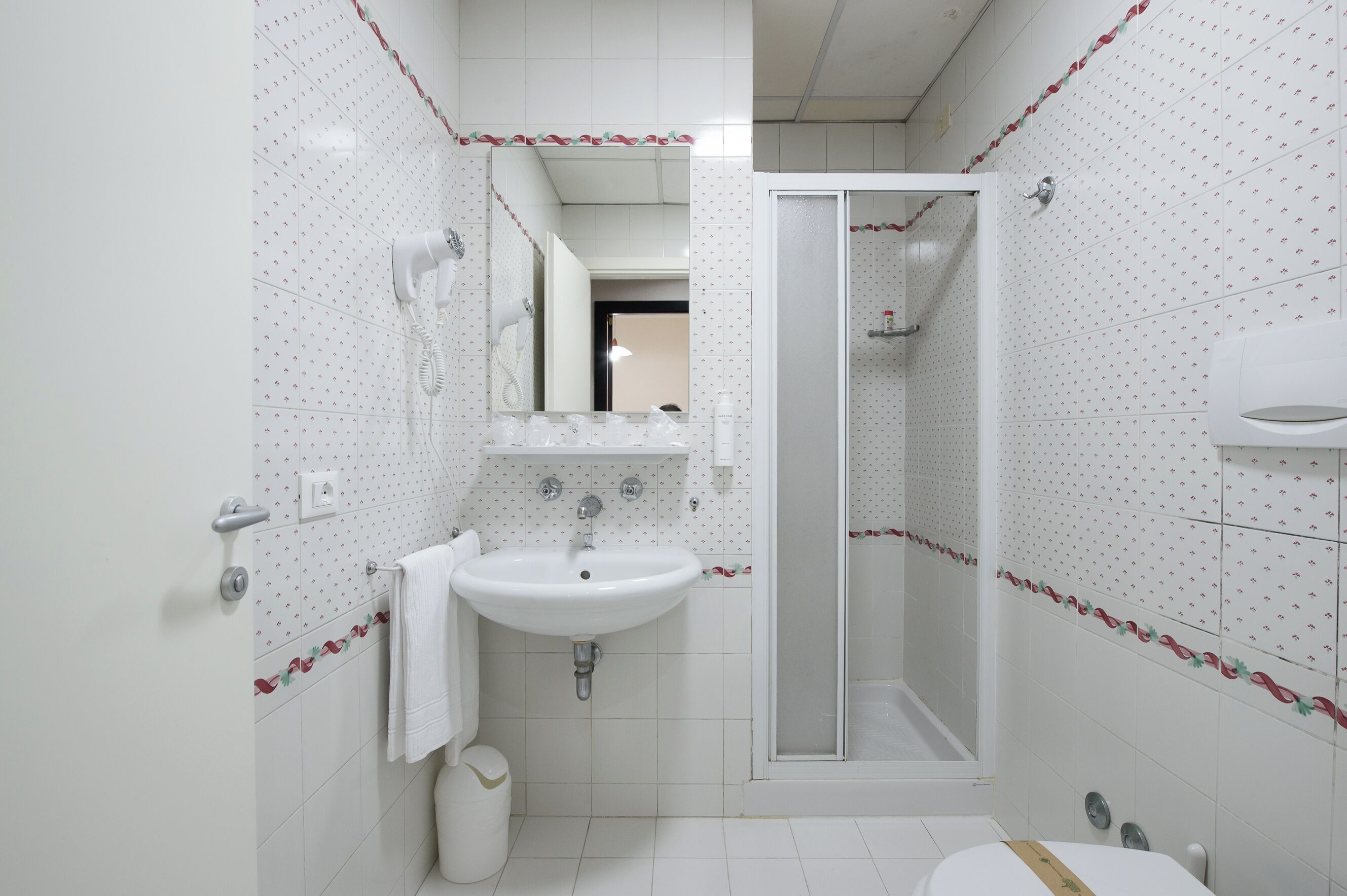 Un baño con lavamanos blanco, un espejo, ducha y retrete.