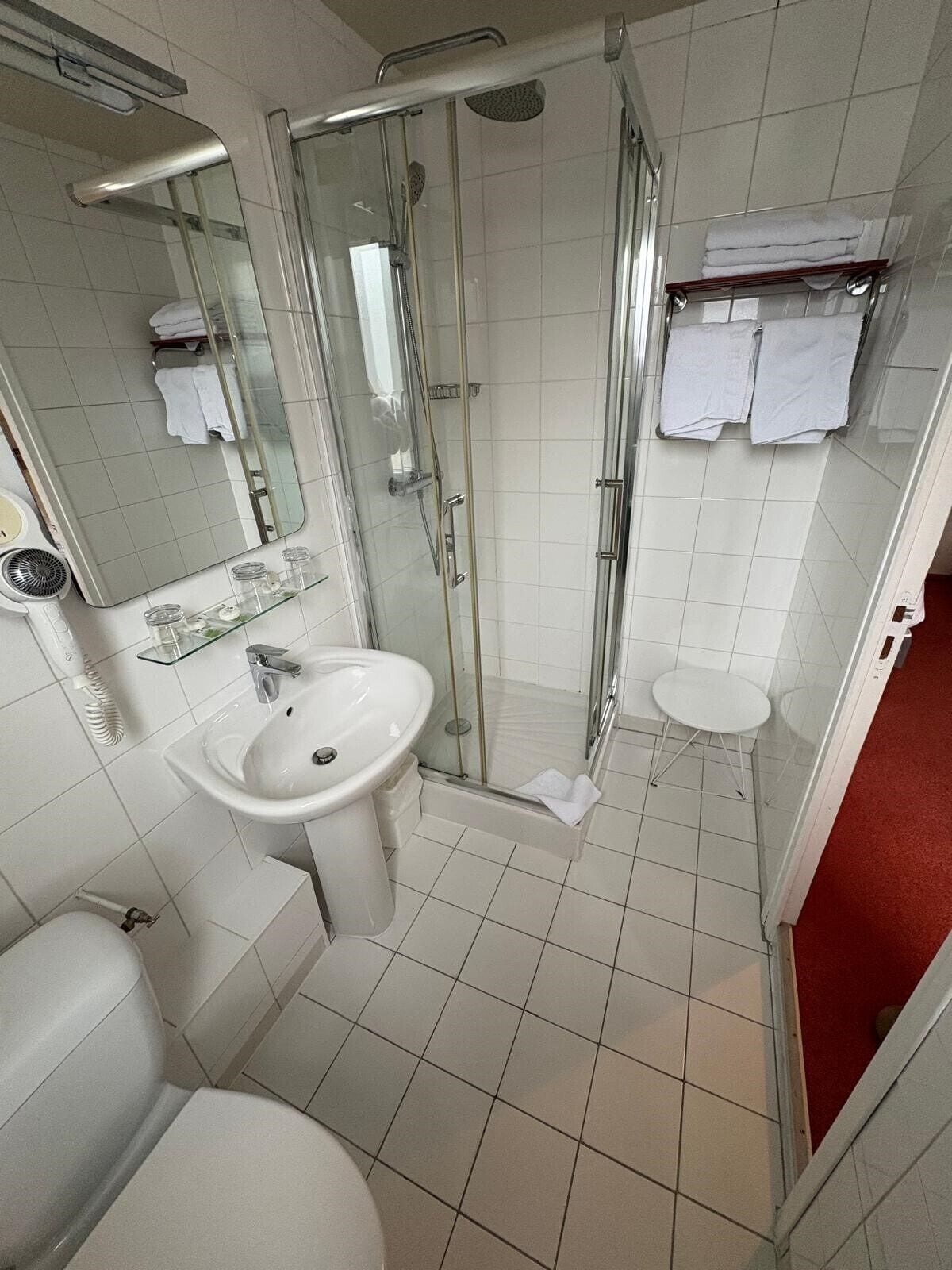 A modern bathroom with a glass-enclosed shower, a white sink, and a toilet.