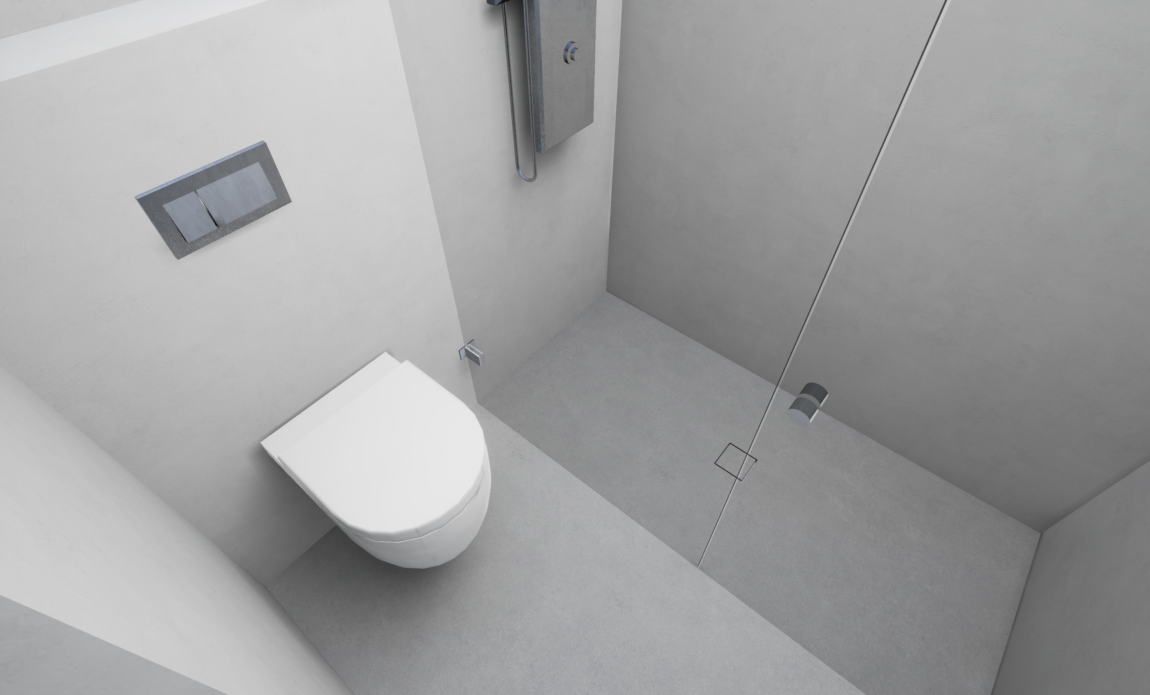 A modern bathroom with a toilet, a shower, and a wall-mounted control panel.