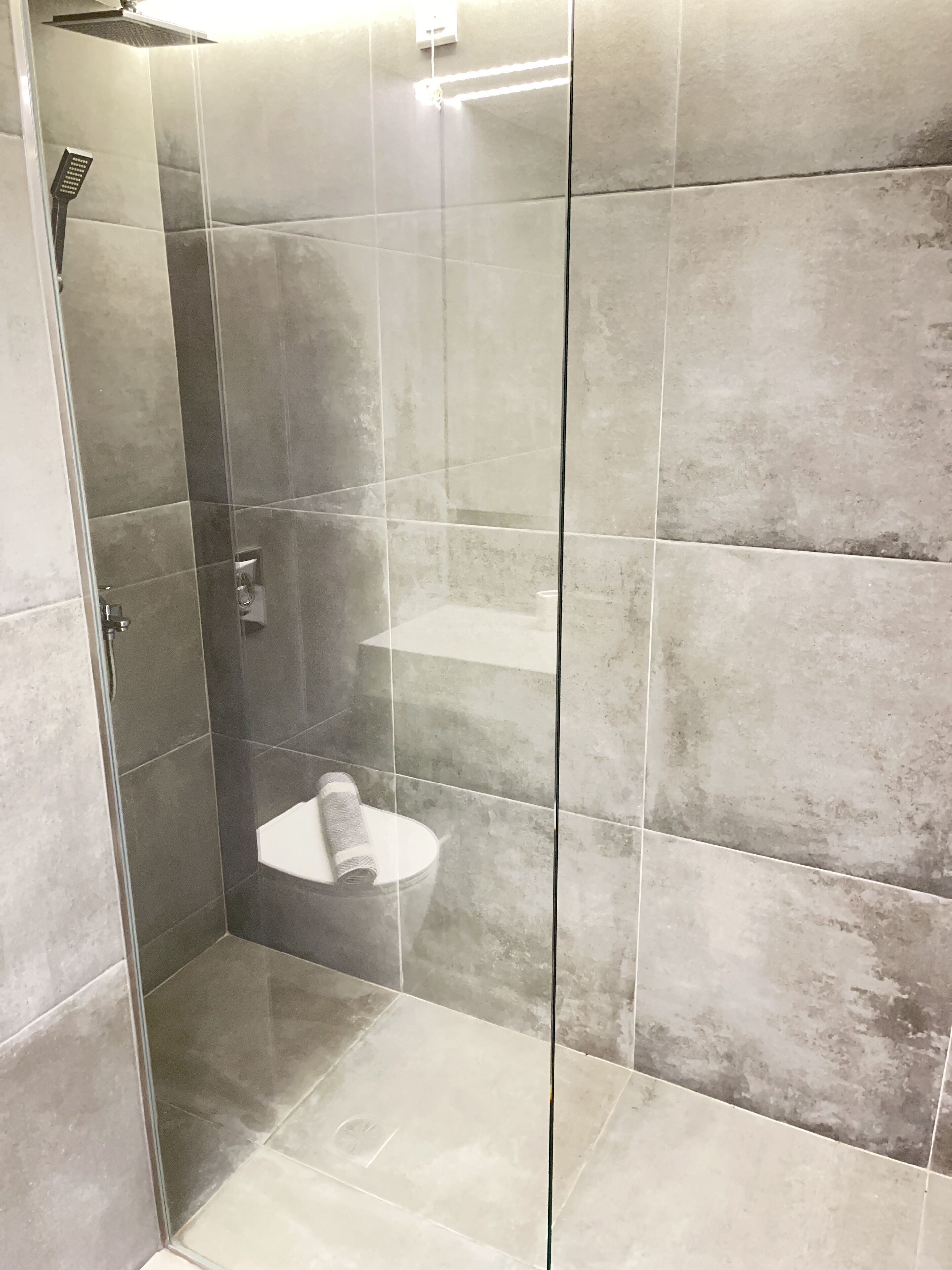 A modern shower area with a glass door, a handheld showerhead, and a white sink with a towel.