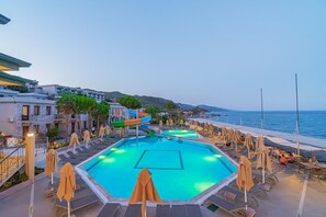 Indoor pool, outdoor pool, pool umbrellas