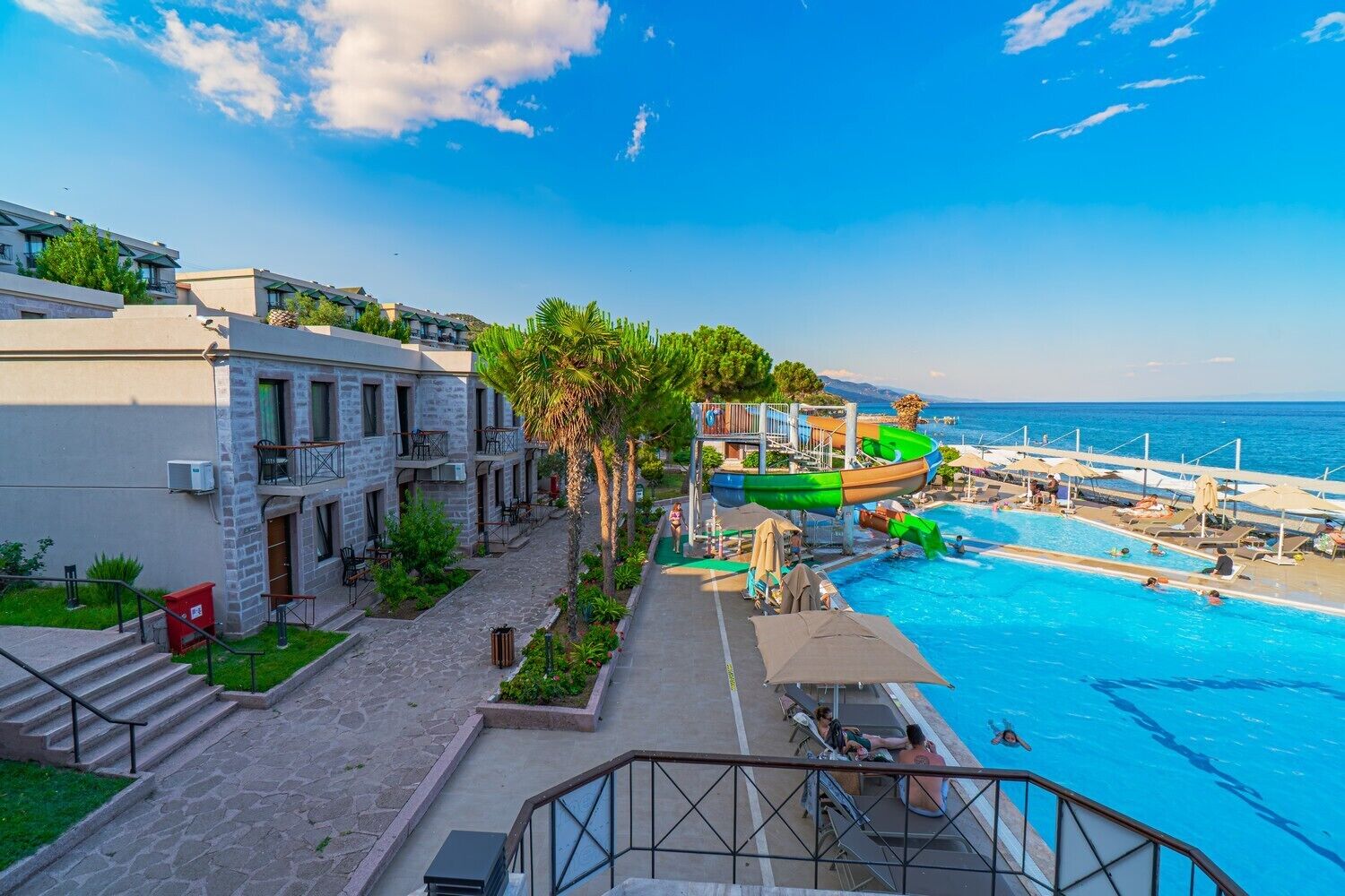 Indoor pool, outdoor pool, pool umbrellas