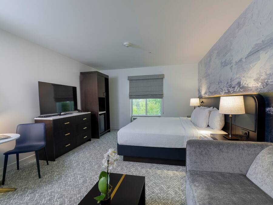 Habitación de hotel con cama, escritorio, silla, televisión, lámpara y un cuadro en la pared.