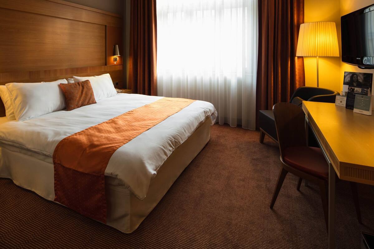 A hotel room with a bed, a desk, a chair, a television, and a window with curtains.