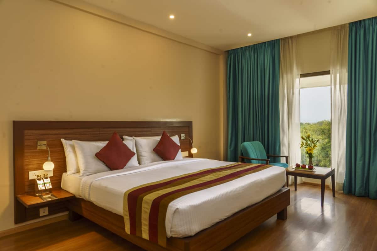 Een hotelkamer met een groot bed, een houten hoofdbord en een nachtkastje met een lamp. Er is een raam met gordijnen en uitzicht op groen.
