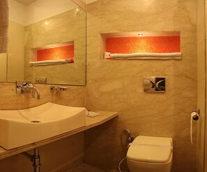 Shower, hair dryer, towels