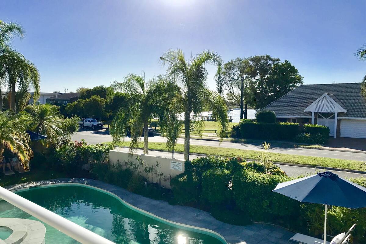 A swimming pool with a curved edge, surrounded by palm trees and a lawn. There are lounge chairs and an umbrella near the pool.