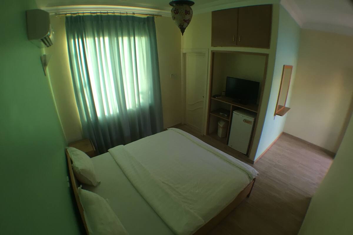 A bedroom with a bed, a television, a wardrobe, and a small refrigerator.