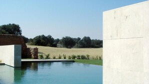 Uma área de piscina moderna com deck de madeira e parede de concreto.