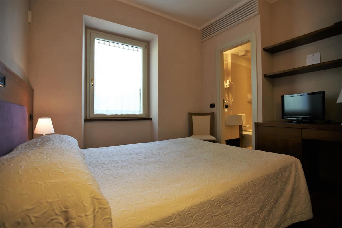 A hotel room with a bed, a television, a desk, and a window.