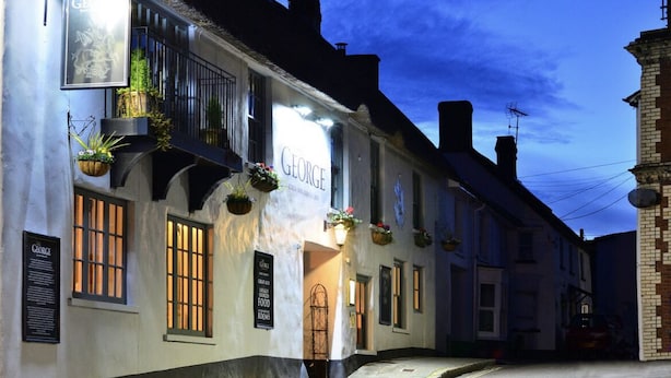 A traditional pub named 'GEORGE' with a signboard, hanging plants, and a well-lit entrance.