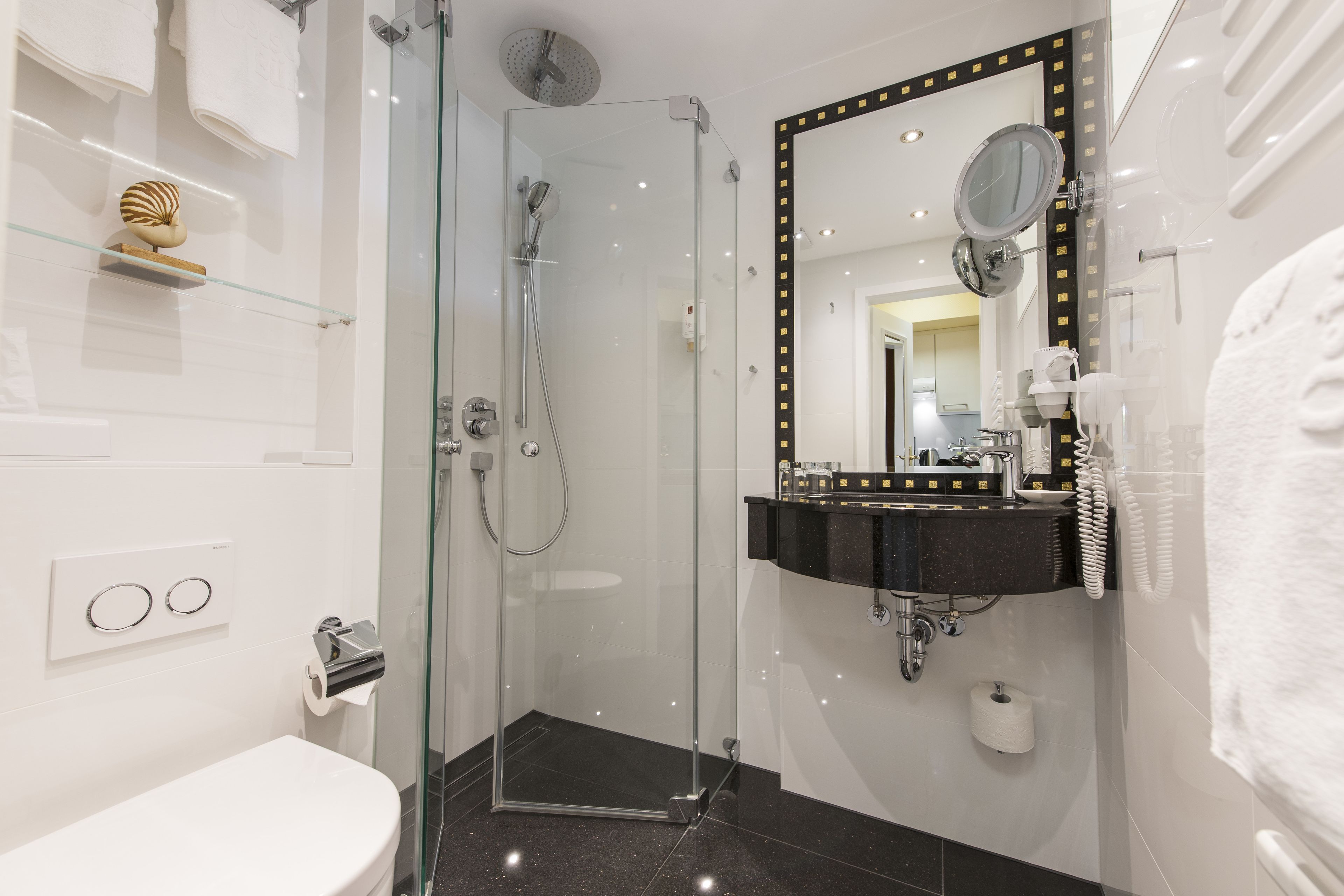 A modern bathroom with a glass-enclosed shower, a white toilet, and a black sink with a mirror above it.