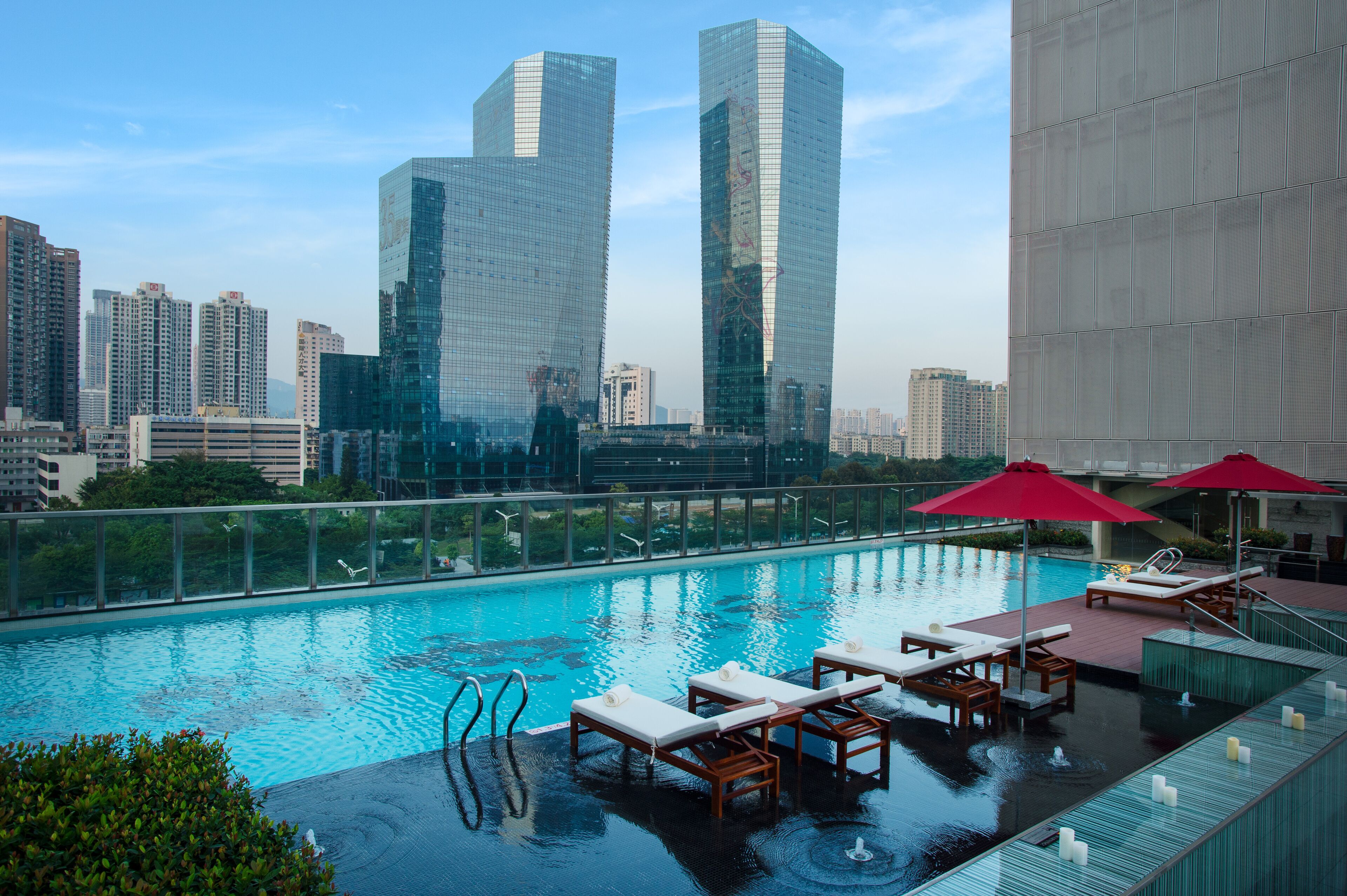 outdoor pool, pool loungers