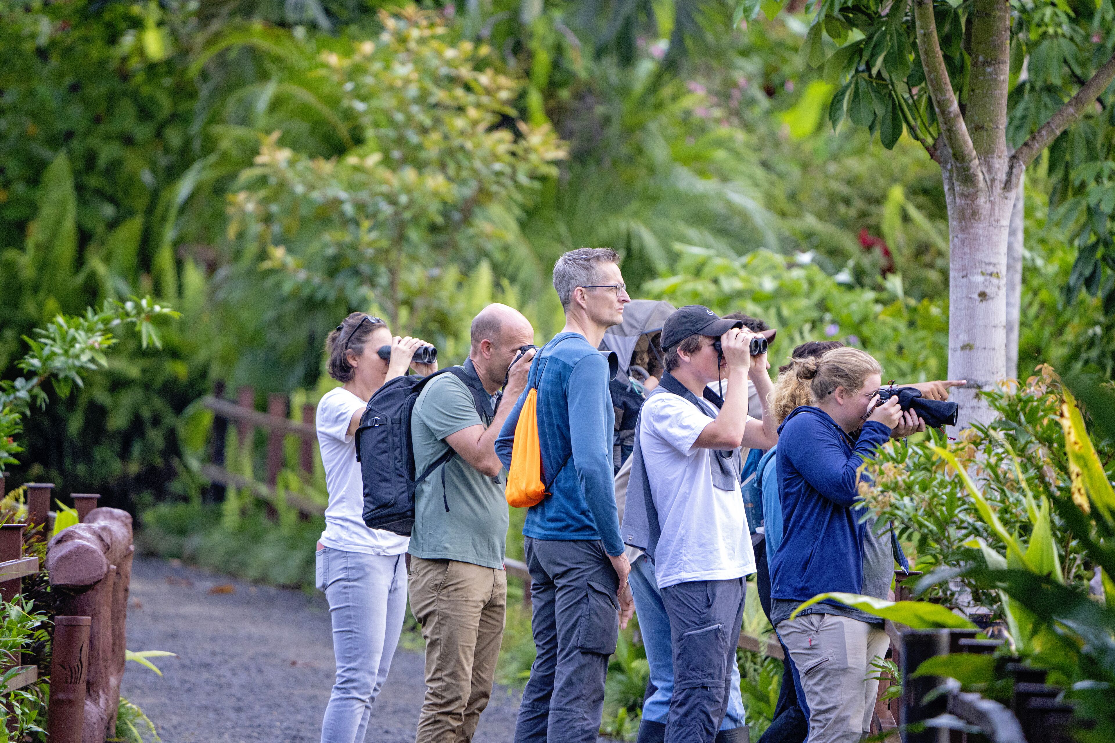 A group of people standing outdoors, some using binoculars, in a lush green environment with trees and plants.