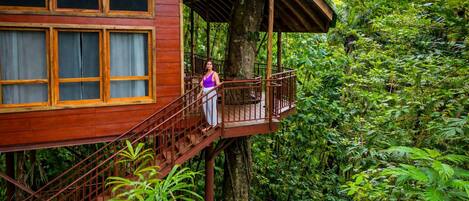 Una casa en el árbol de madera con balcón, rodeada de un bosque frondoso.