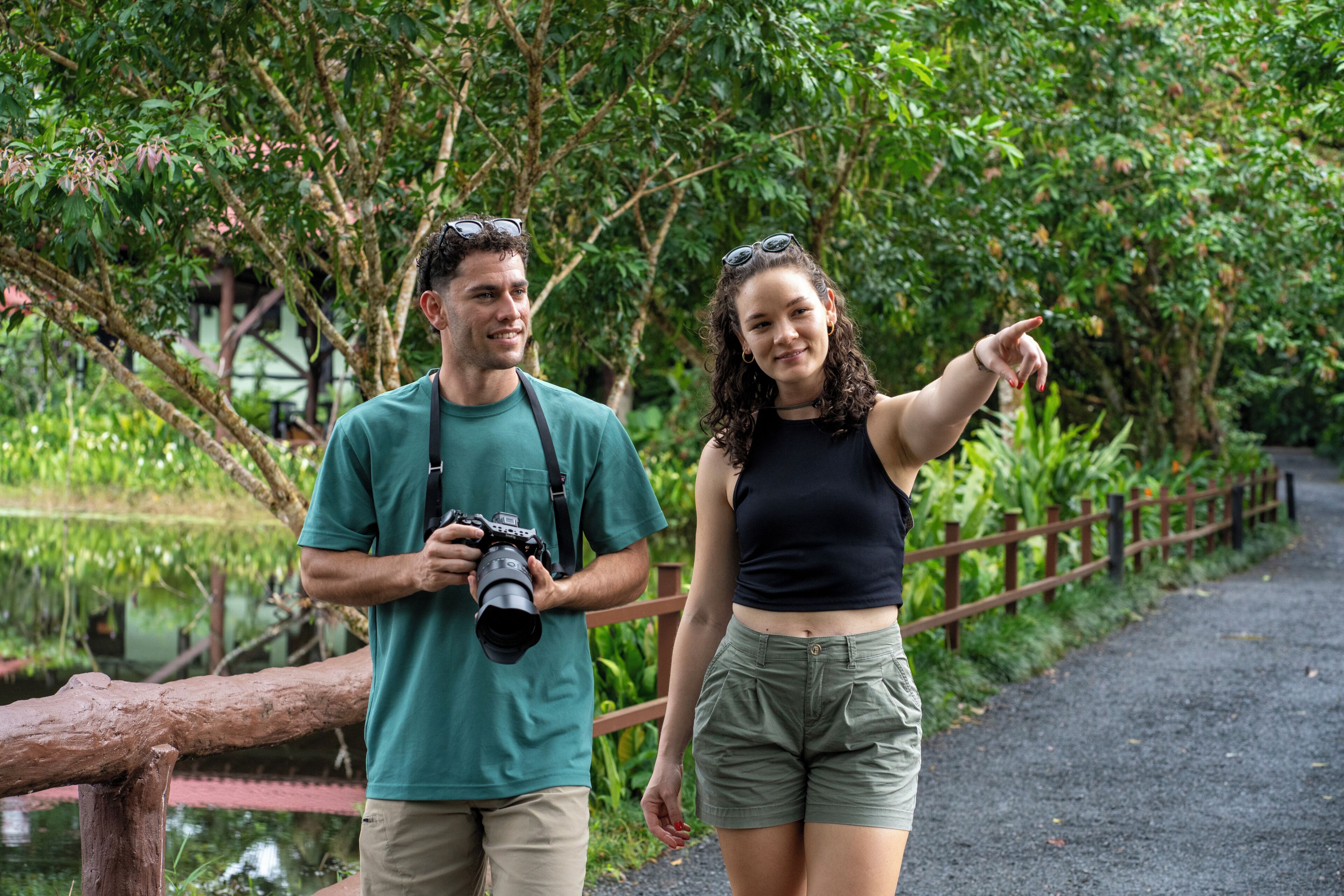 En sti med et træhegn, omgivet af frodig vegetation og træer.