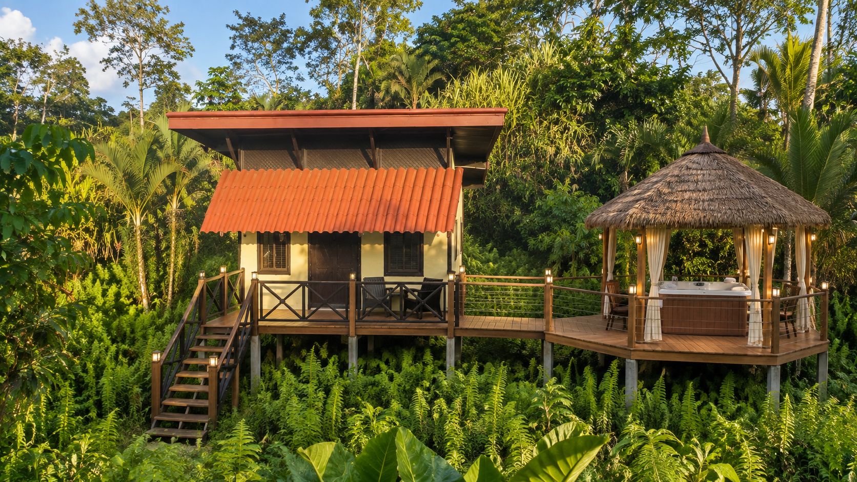 A two-story building with a red roof, a wooden deck, and a thatched-roof gazebo.
