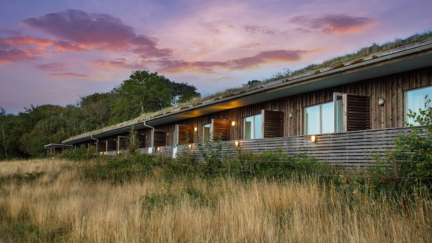 Un bâtiment moderne en bois, doté d’un toit plat, de grandes fenêtres et d’un parterre verdoyant à l’avant.
