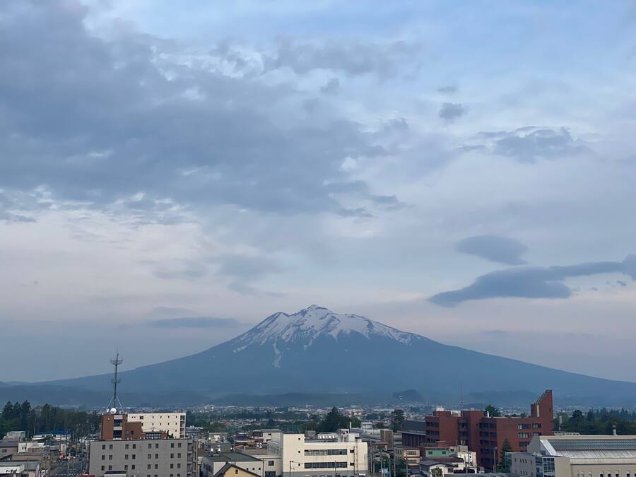 A cityscape with a prominent snow-capped mountain in the background.