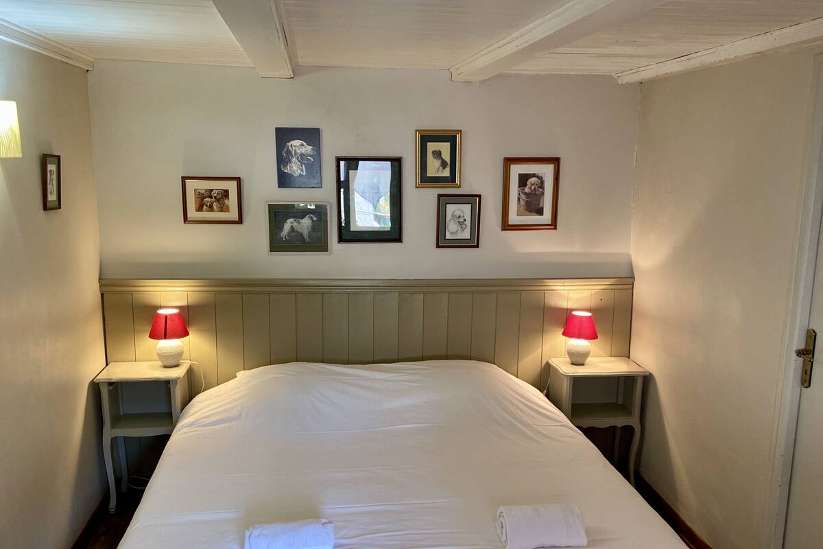 Une chambre d’hôtel avec un grand lit, deux tables de chevet avec des lampes et plusieurs tableaux encadrés au mur.