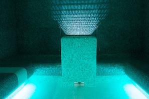 Ein Pool mit gefliestem Boden und Wänden, einer zentralen Wasserspüle und einer Decke mit Gittermuster.