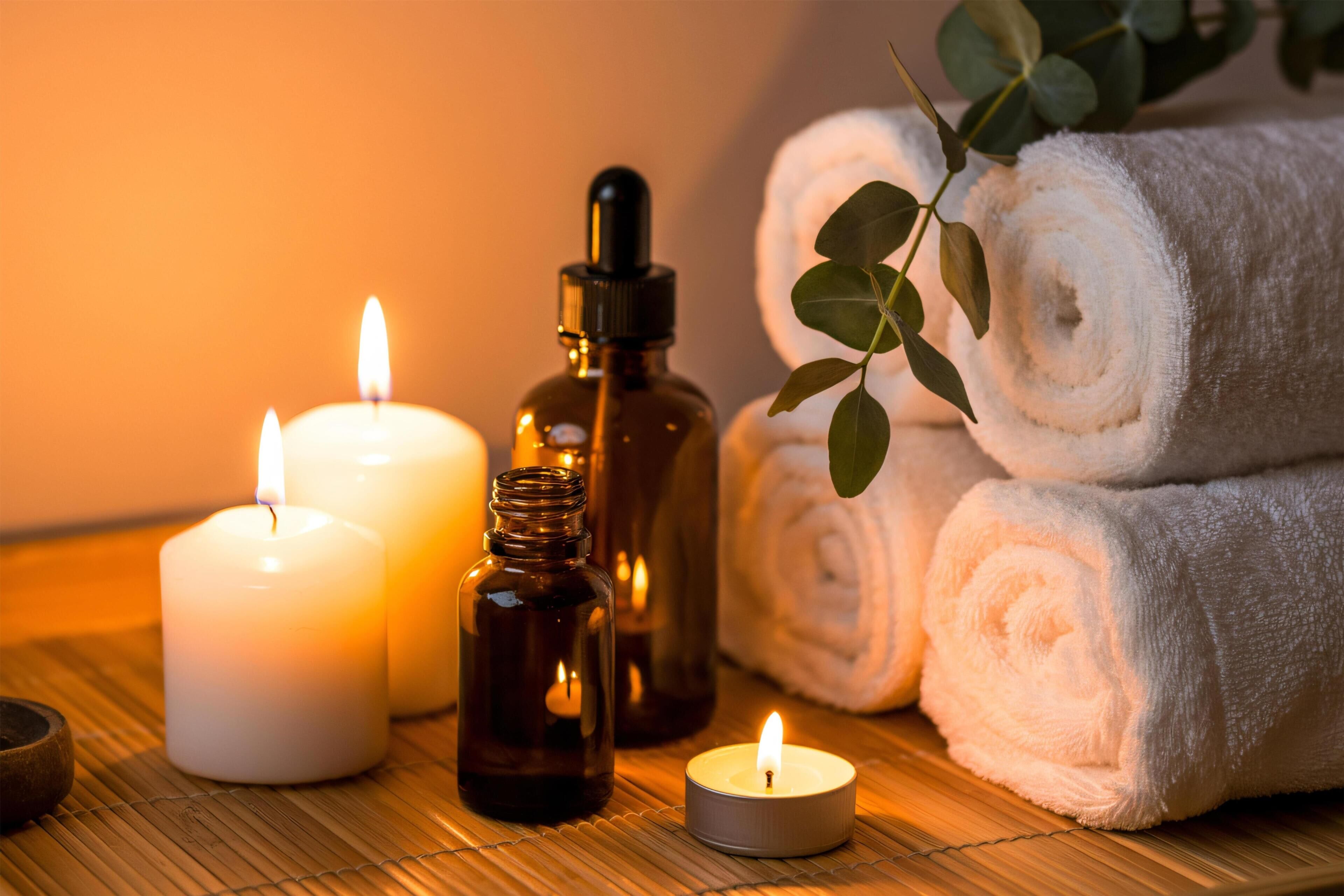 Candles, a diffuser bottle, and rolled towels on a bamboo mat.