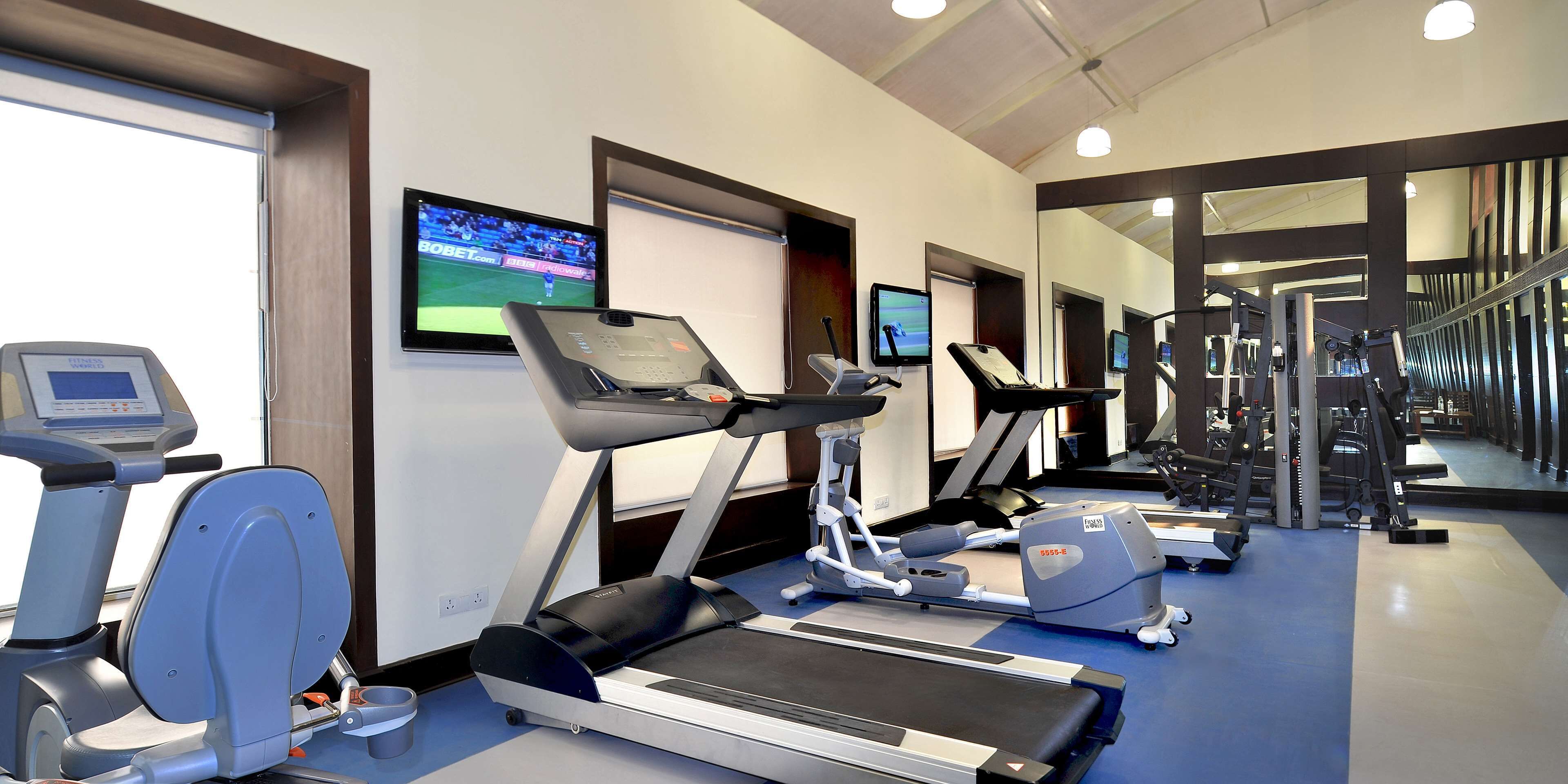 A gym with treadmills, elliptical machines, and weight machines.