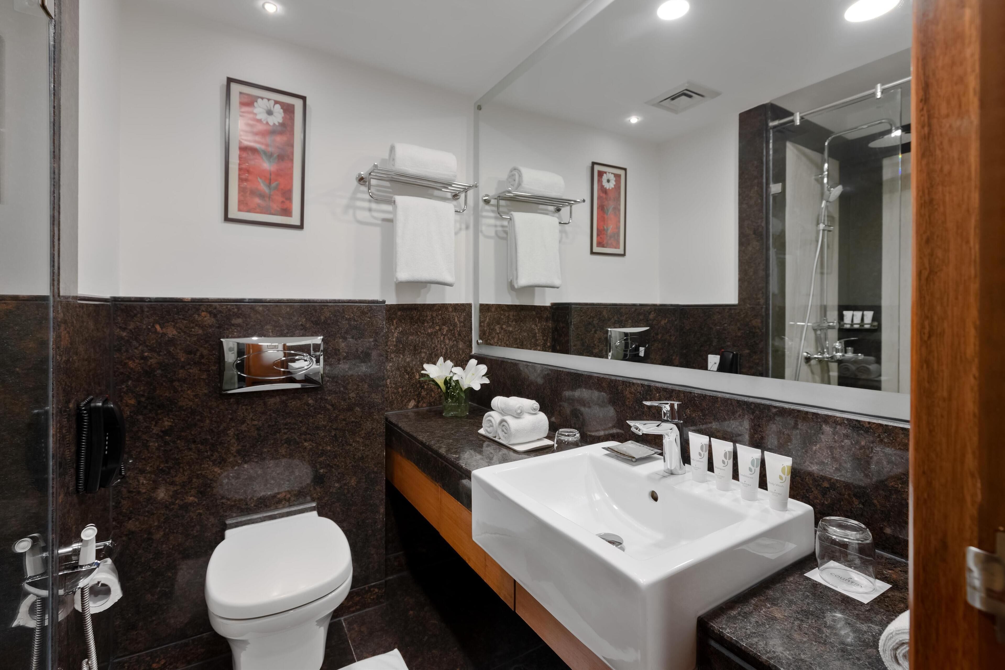 Un baño moderno con un lavamanos grande, inodoro y ducha.