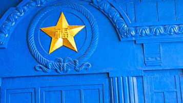 Uma porta azul com emblema dourado em formato de estrela e molduras decorativas.