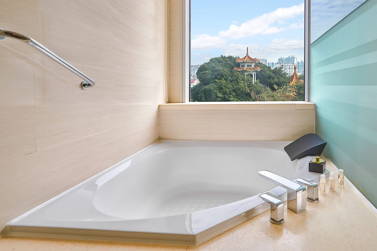 Shower, rainfall showerhead, hair dryer, bathrobes