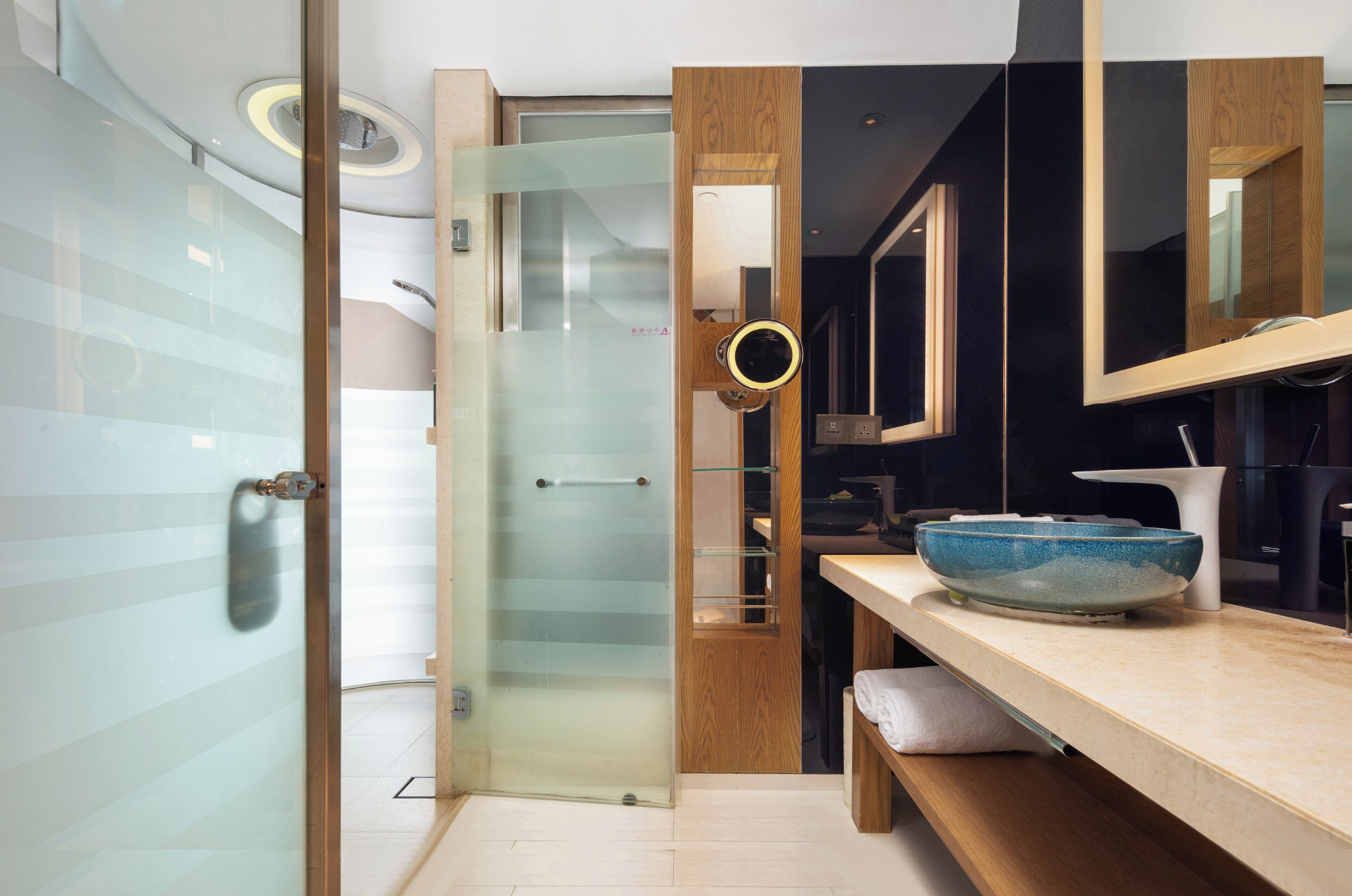 Shower, rainfall showerhead, hair dryer, bathrobes