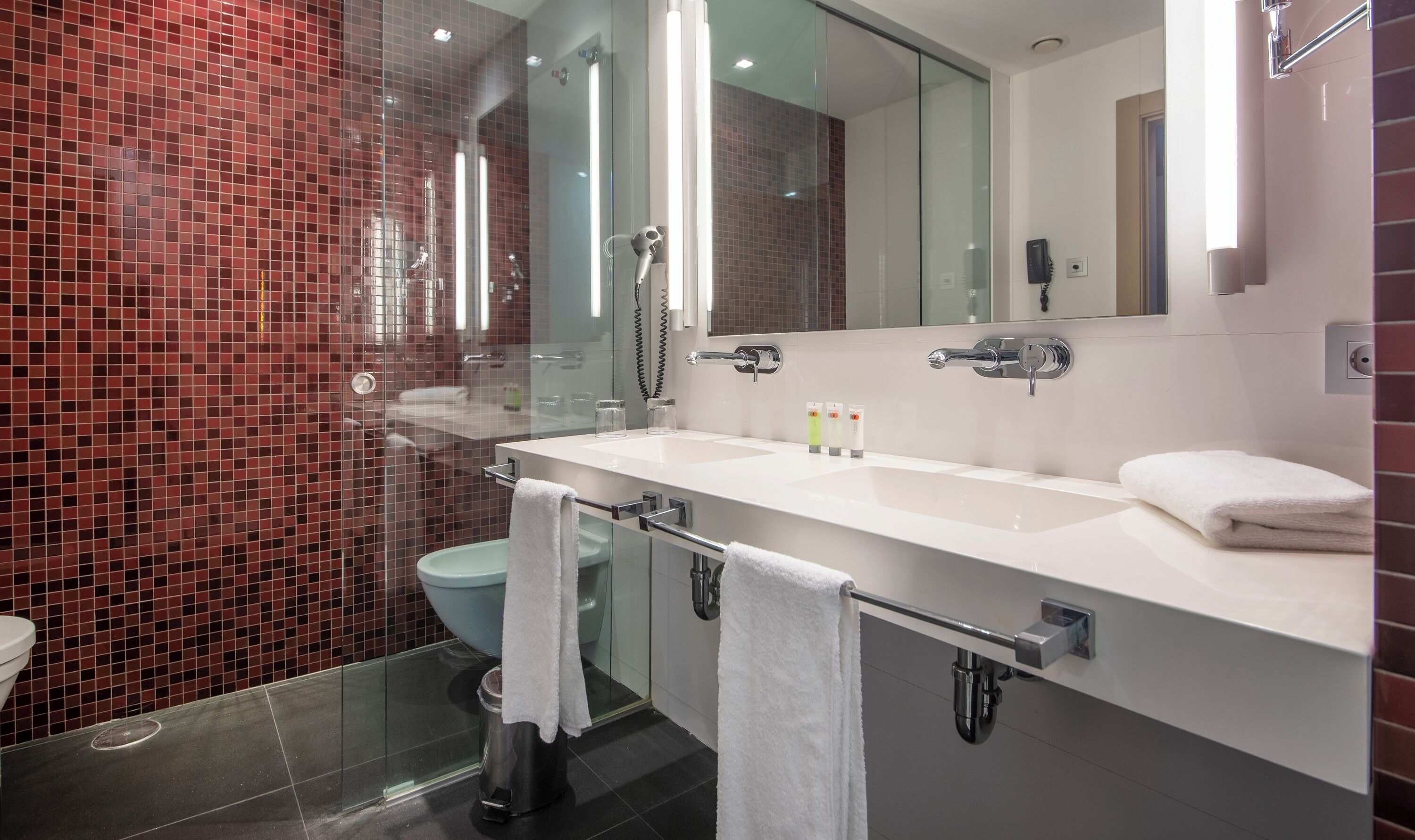 shower, hair dryer, dressing gowns, slippers