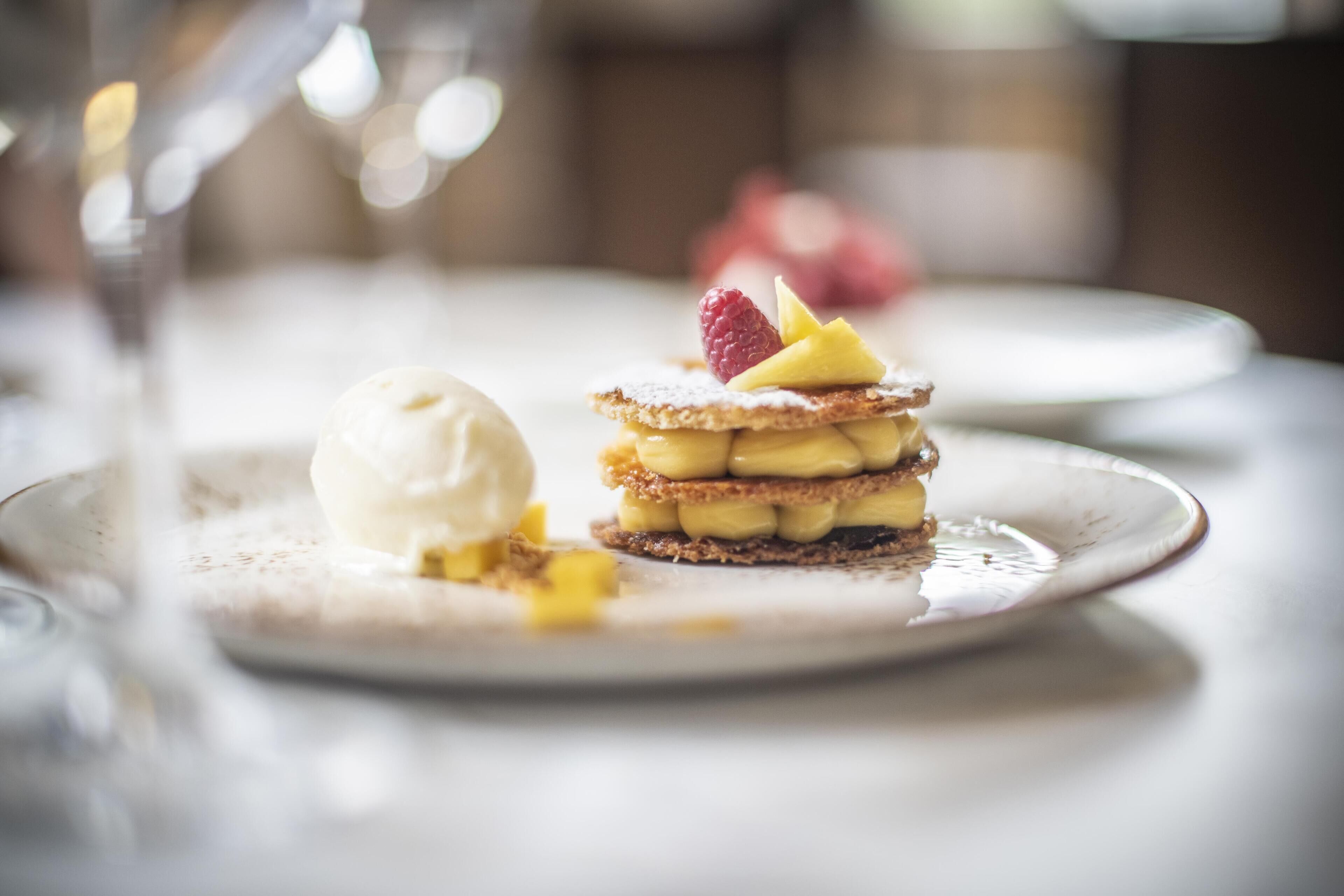 A dessert plate with a layered cake, a scoop of ice cream, and a raspberry on top.