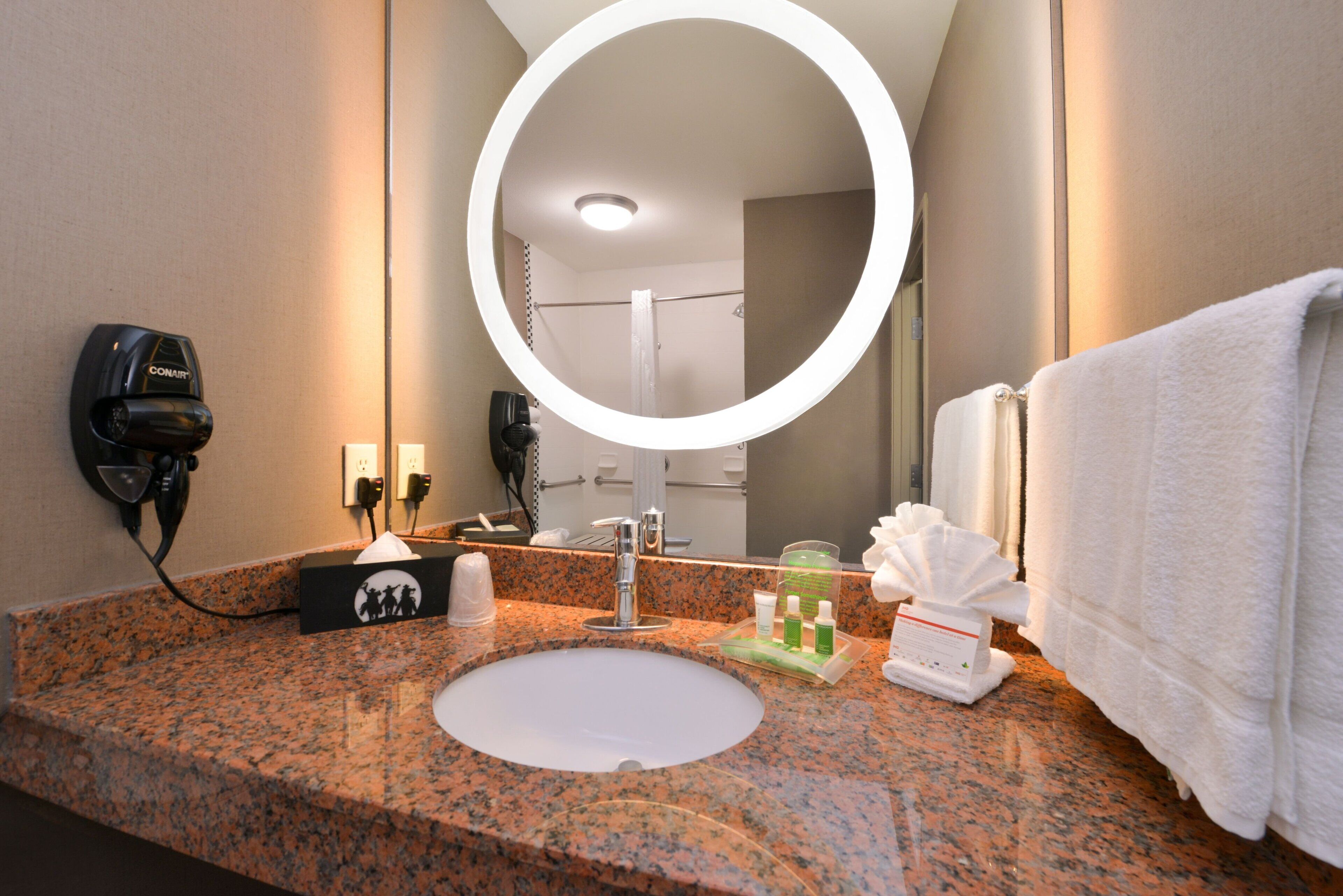 combined shower/bathtub, free toiletries, hair dryer, towels