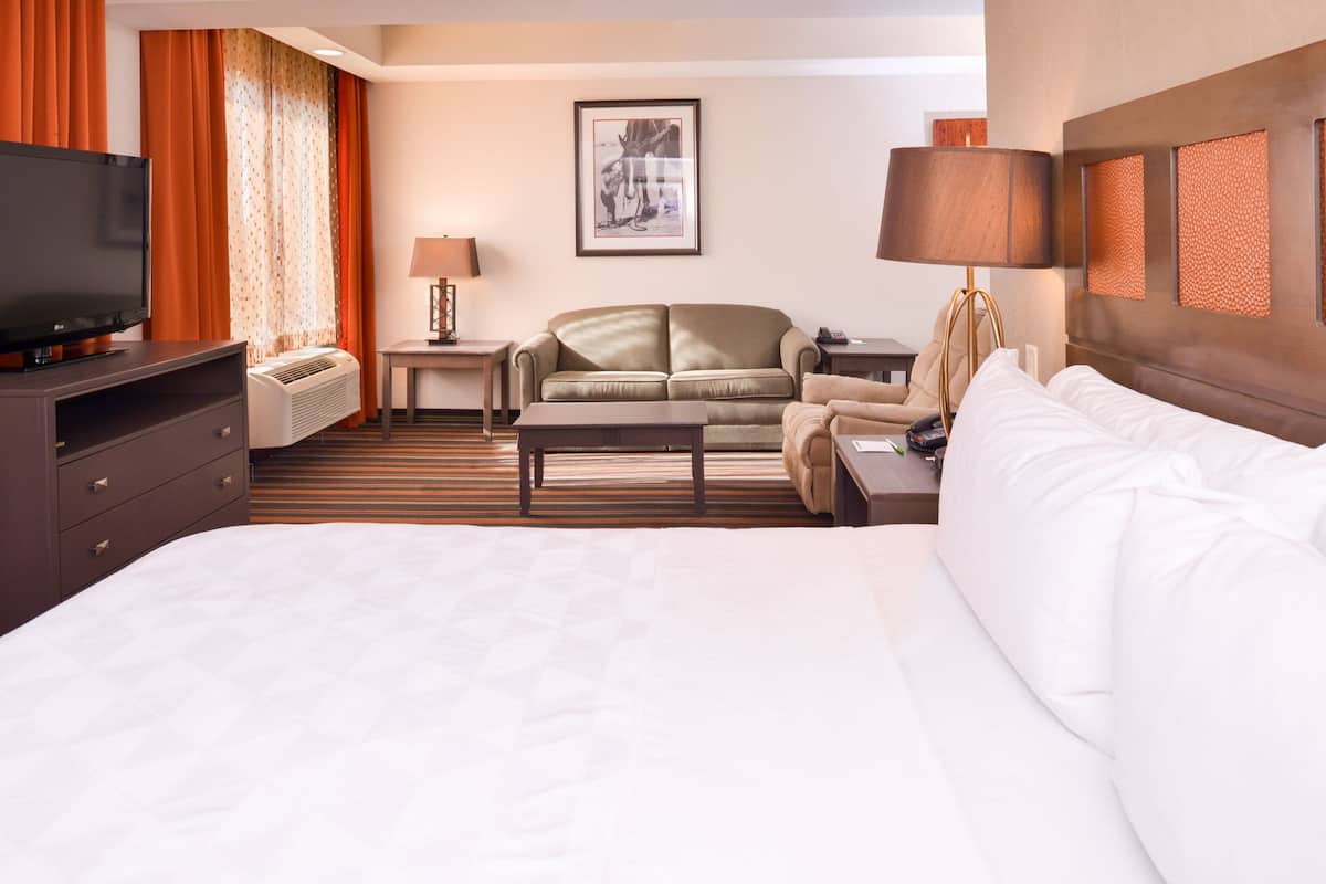 A hotel room with a large bed, a sofa, a TV, a lamp, and a framed picture on the wall.