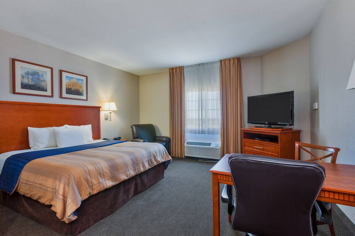 A hotel room with a bed, a desk, a chair, a television, and two framed pictures on the wall.