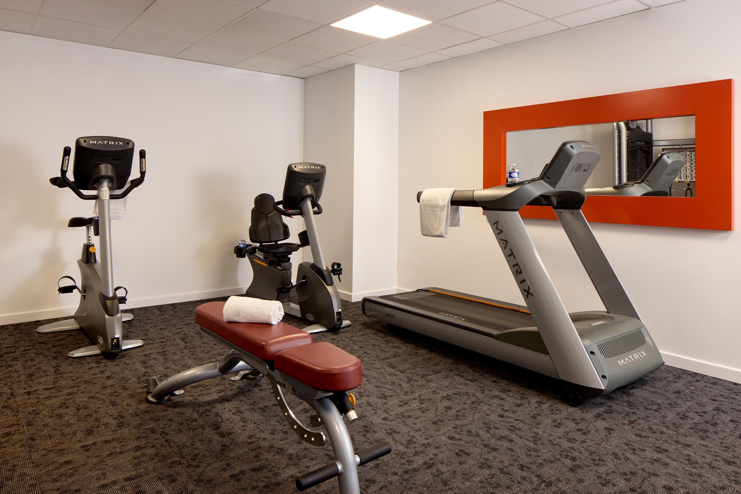 A gym with stationary bikes, a treadmill, and a bench.